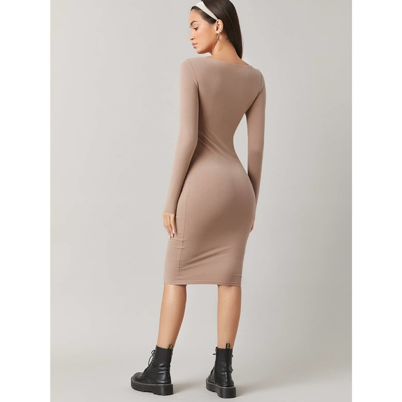 long sleeve fitted Solid Bodycon Midi Dress black - Picture 3 of 11
